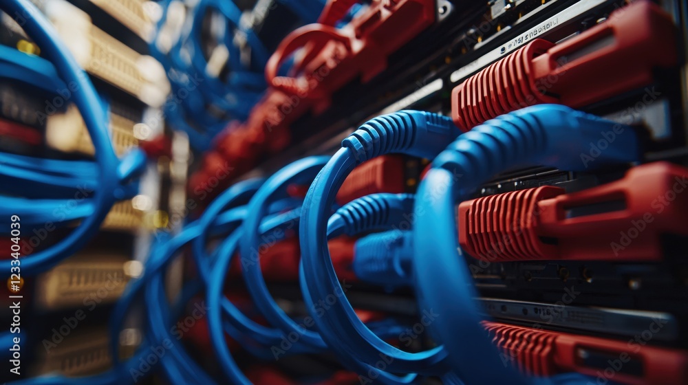 Poster network server room technology cables blue red data center infrastructure