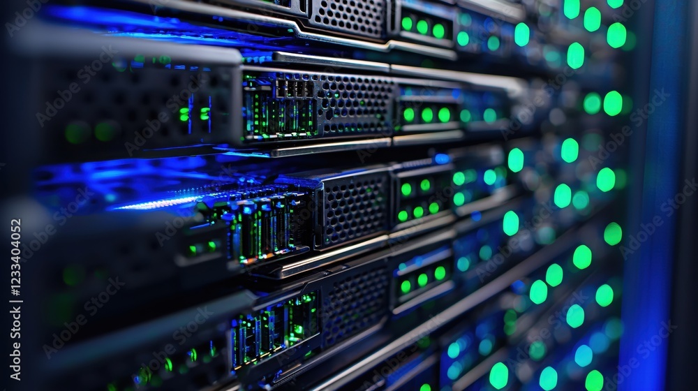 Poster powerful server rack closeup modern technology data center infrastructure