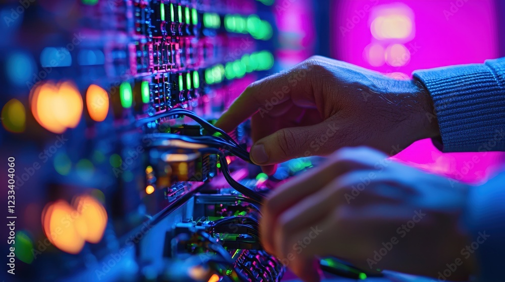 Aufkleber tech specialist working on server network colorful lights