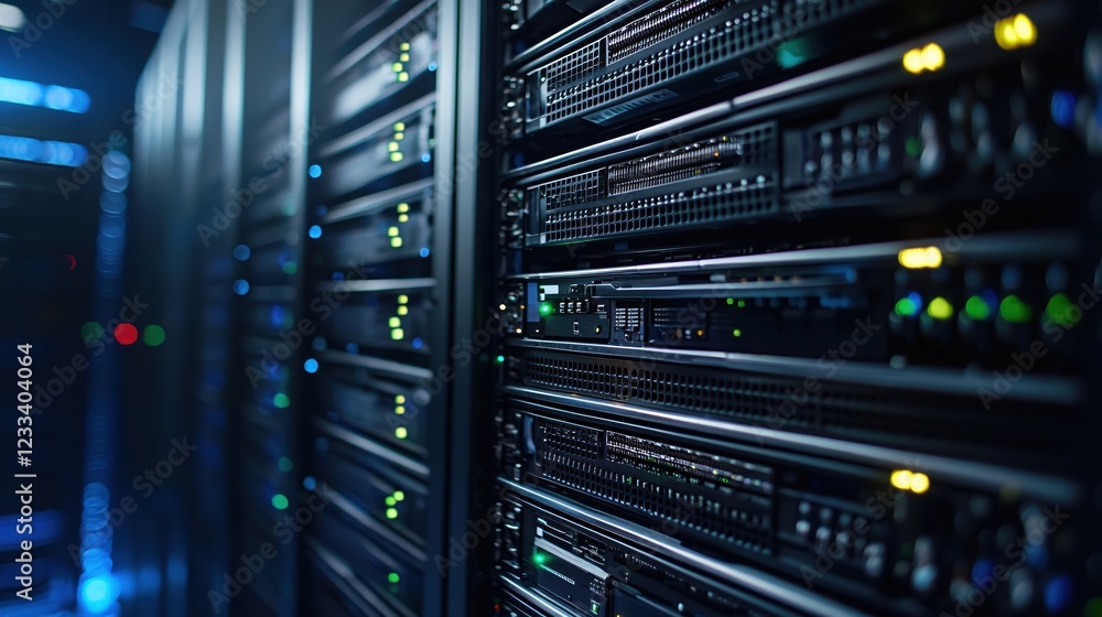 Poster powerful server rack in modern data center technology