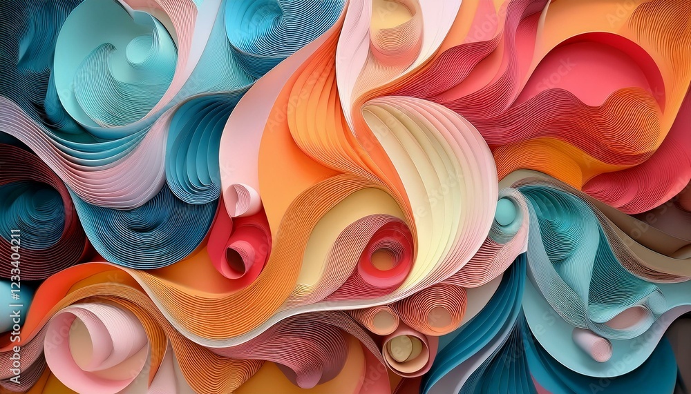 Poster playful digital abstract design with layered, paper-cutout-style elements in bright and cheerful col