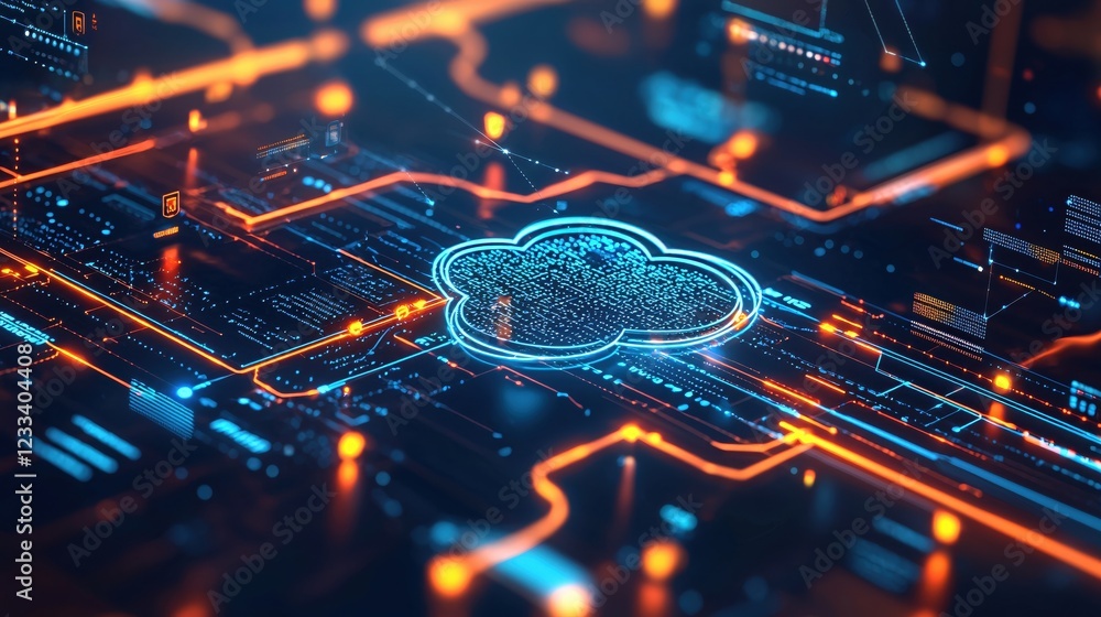 Poster Futuristic Cloud Computing Network Digital Data Transfer Technology
