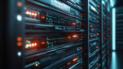 Naklejka premium Modern Server Rack Data Center Technology Digital Network Infrastructure