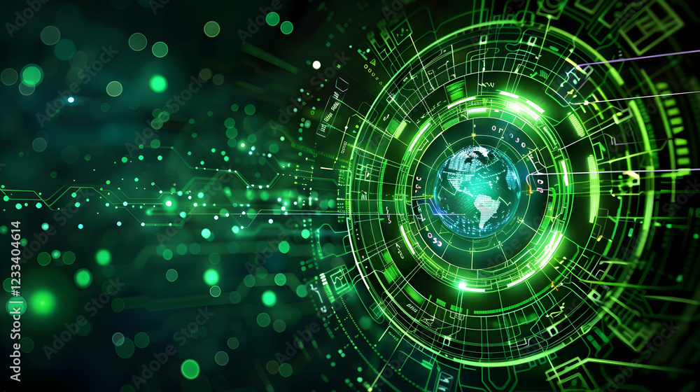 Poster abstract digital representation of earth with green circuitry and glowing elements.