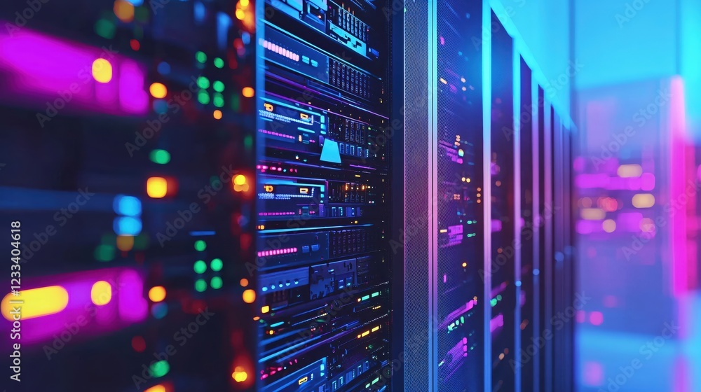 Poster vibrant network server room technology data center glow