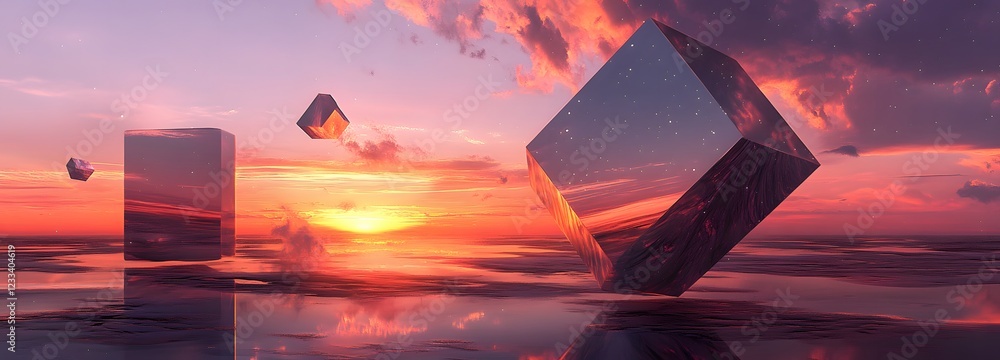 Poster a surreal abstract landscape with floating geometric shapes and a sunset in the background