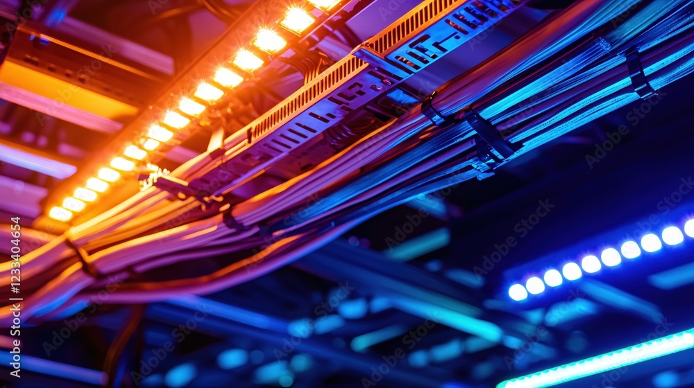 Poster vibrant network cables and led lights in data center