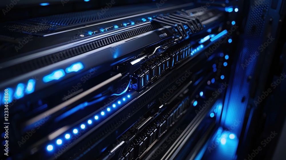 Poster sleek dark server rack with blue led lights high tech data center technology