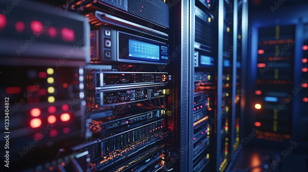 Poster modern data center server room technology infrastructure night view