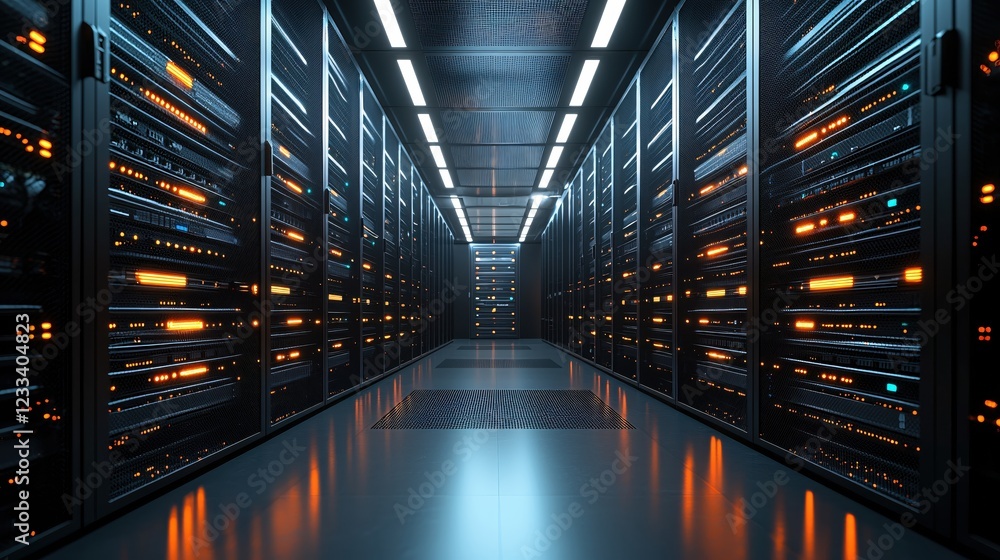 Poster modern server room data center technology infrastructure network