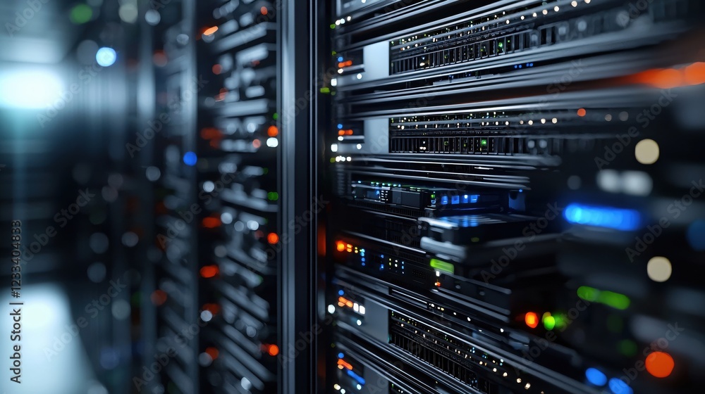 Poster modern data center server rack technology close up