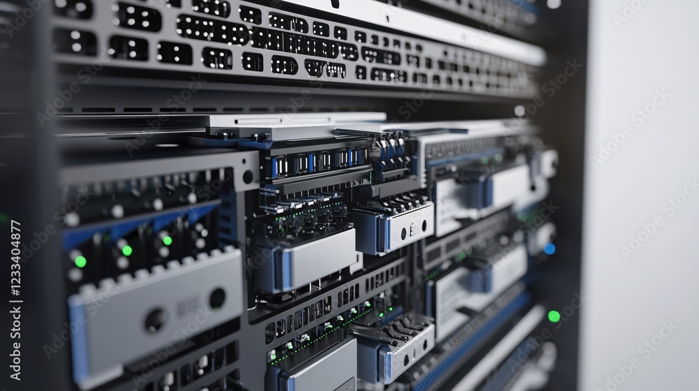 Poster modern server rack technology data center infrastructure close up