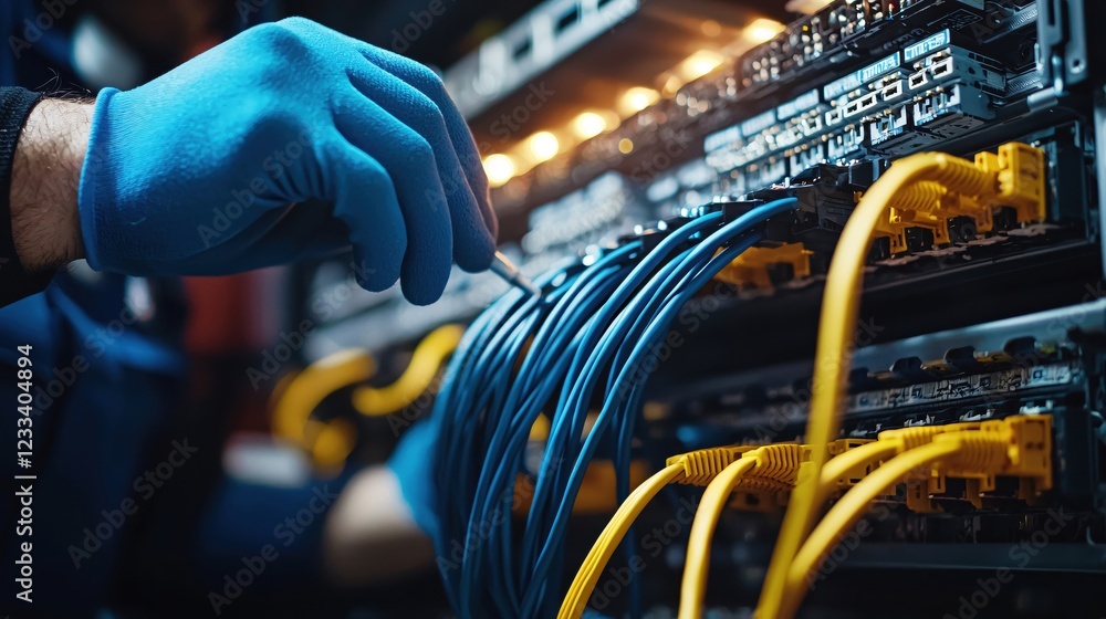 Aufkleber Technician Connecting Network Cables in Server Room Data Center