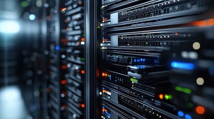 Naklejka premium Modern Data Center Server Rack Technology Close Up
