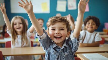 Enthusiastic School Children Raising Hands in Classroom Active Learning and Education
