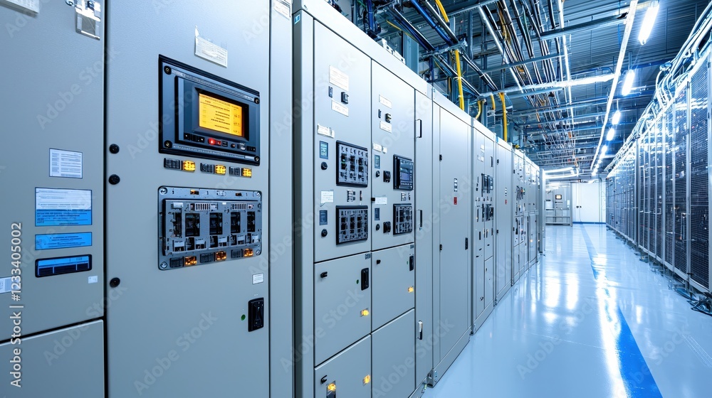 Poster modern data center server room electrical panels technology infrastructure