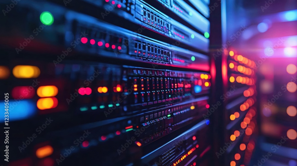 Poster vibrant server rack lights data center technology network