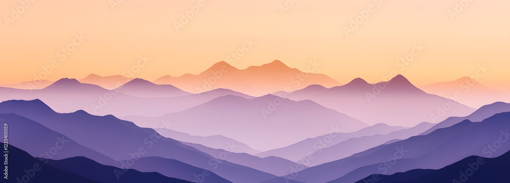 Poster a minimalist mountain range with a soft gradient sky transitioning from orange to purple