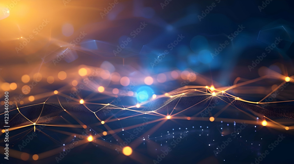 Poster abstract digital landscape with glowing nodes and lines representing connectivity and technology.