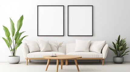 Modern Living Room with Blank Frames and Indoor Plants