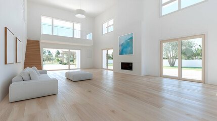Fototapeta premium Modern home's spacious living room, pool view, natural light