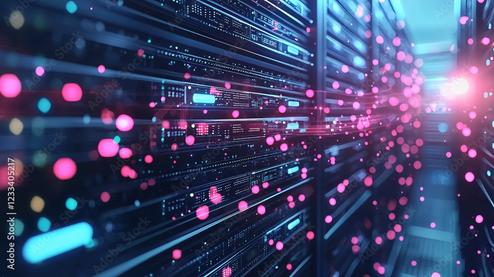 Poster futuristic server room data center network technology