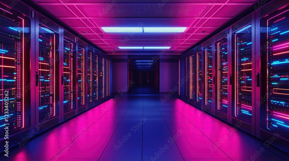 Poster neon lit server room corridor digital technology data center infrastructure