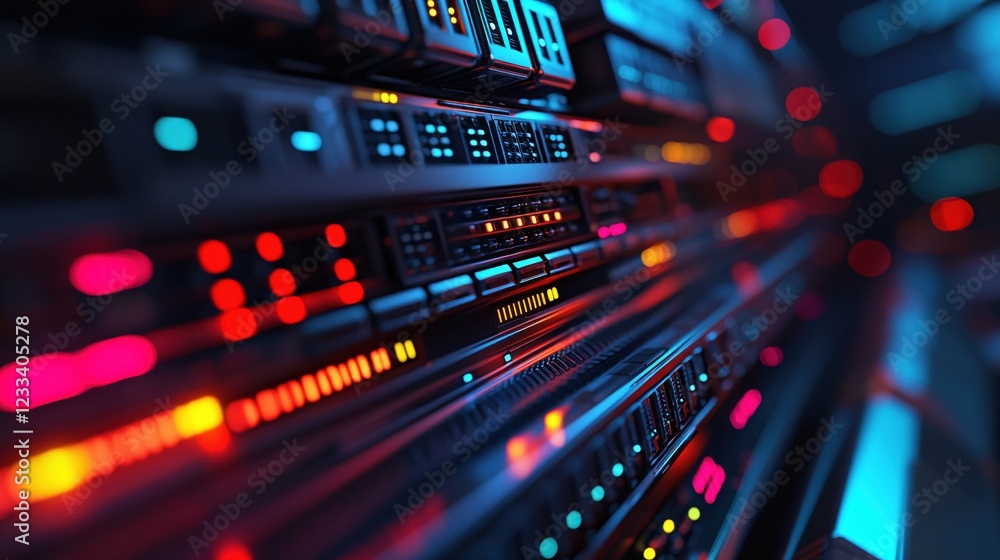 Poster futuristic server rack neon lights technology data center
