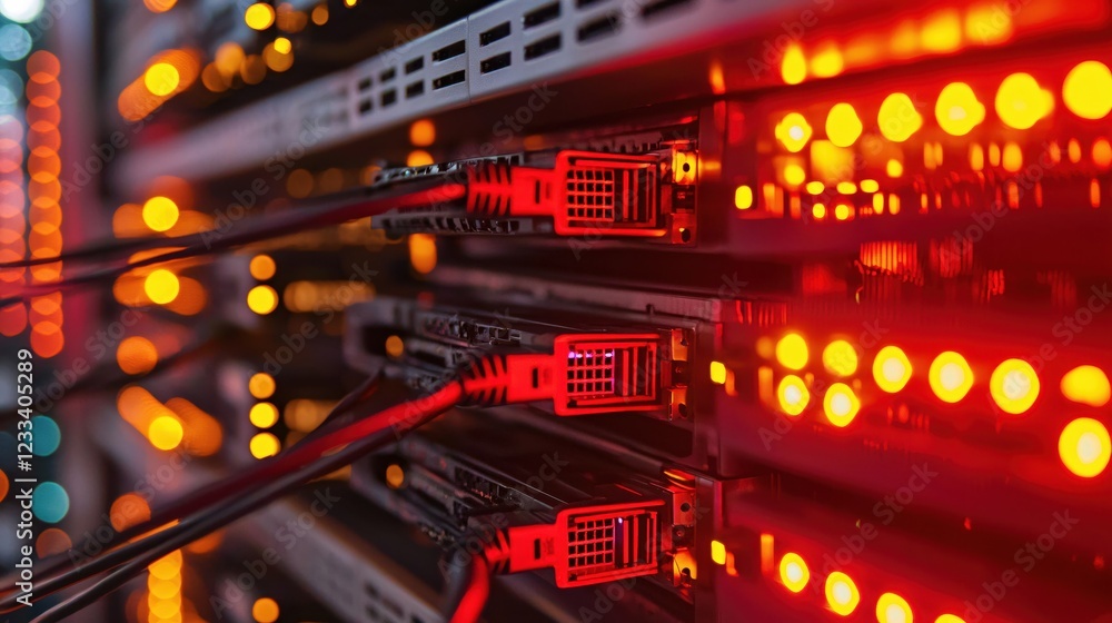 Poster server room technology network cables data center red lights