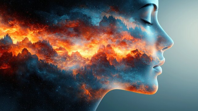 Inner Cosmos: A Surreal Portrait of a Woman with a Fiery Mountain Landscape within Her Face