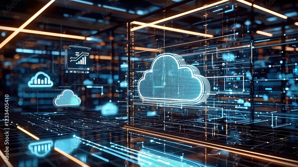 Poster Futuristic Cloud Computing Network Digital Data Center Technology