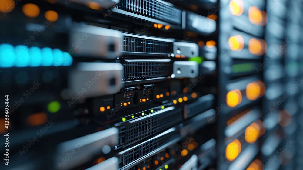 Poster modern data center server rack technology close up
