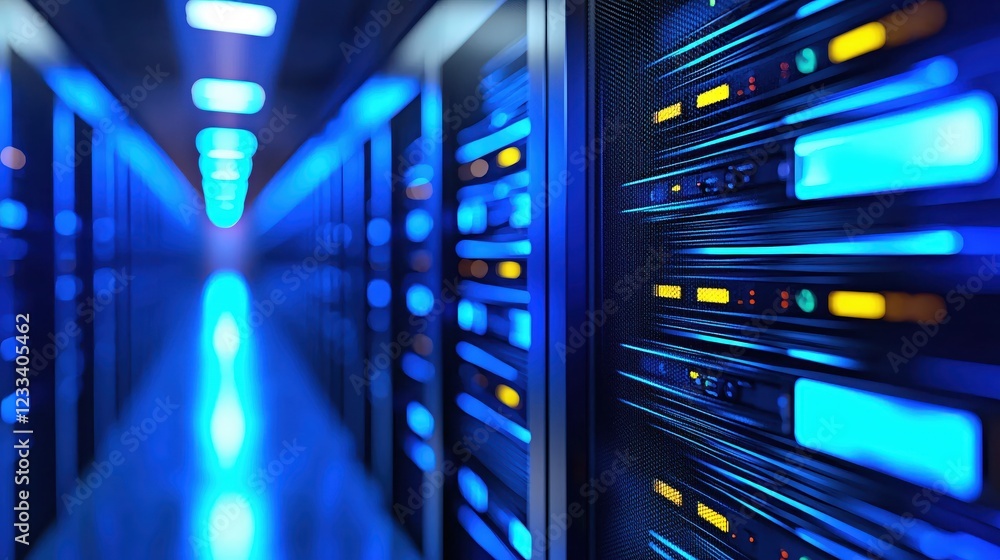 Poster modern server room blue light technology data center network infrastructure