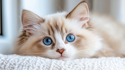 Beautiful fluffy cat with striking blue eyes resting indoors