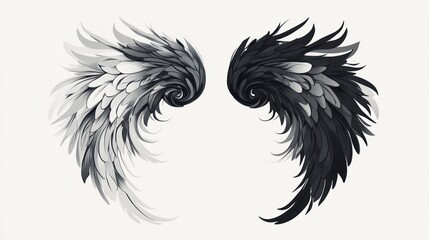 Black and white wings design, isolated on white background, for tattoo or graphic design
