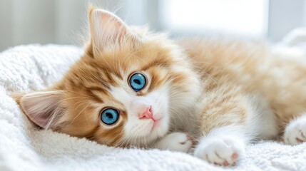 Adorable fluffy orange and white cat with striking blue eyes