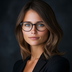 Fototapeta premium A portrait of an attractive female business manager in glasses, with shoulder-length brown hair and blue eyes, wearing professional attire against a dark background. 