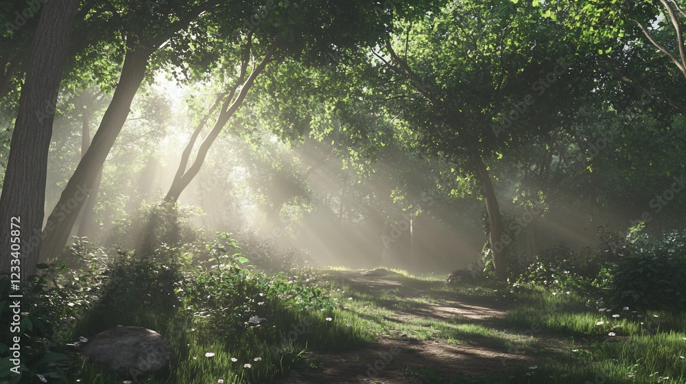 Poster sunlight filtering through the lush foliage of a tranquil forest path