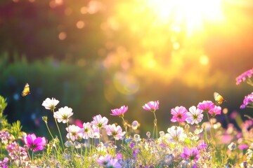 Butterflies flutter gracefully among colorful flowers, enjoying a sunny afternoon in a blooming field filled with life