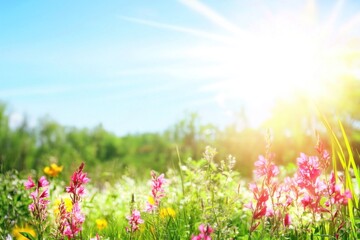 Obraz premium Wildflower meadow bursts with colors as red, pink, and yellow flowers sway gently under warm summer sunlight