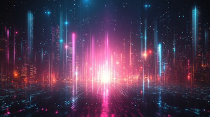 Fototapeta premium Futuristic city lights gleam, data streams flow, night scene, digital art, tech background