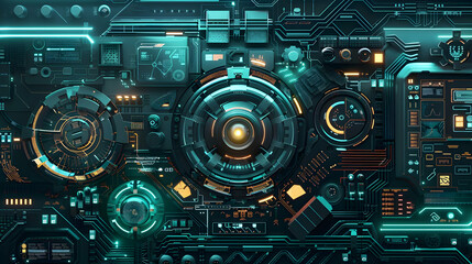 Fototapeta premium A futuristic digital interface with intricate circuitry and glowing elements.