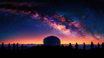 Obraz premium Silhouettes against a starry sky and observatory at sunset.