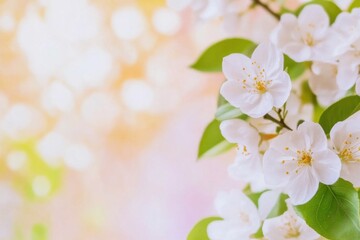 Fototapeta premium Delicate white citrus blossoms contrast with fresh green leaves under soft, warm natural light, creating a serene and peaceful atmosphere