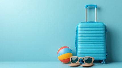 Obraz premium Bright Blue Suitcase with Sunglasses and Beach Ball on Background