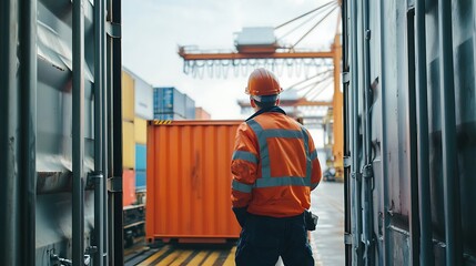 A worker in an orange safety vest stands inside an open shipping container, overlooking a cargo port with cranes and stacked containers.