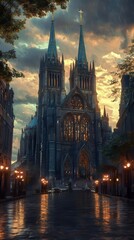 Obraz premium Gothic cathedral in a rain-swept city