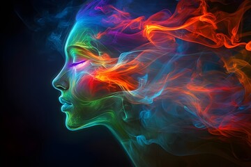 Abstract woman’s face formed from swirling smoke and ethereal fire
