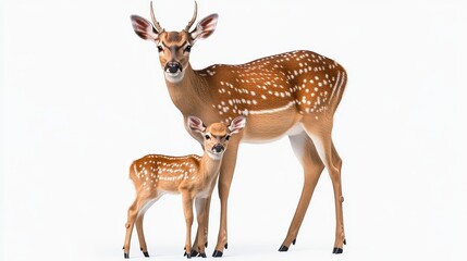 Mother and Fawn Deer Standing Together on a White Background