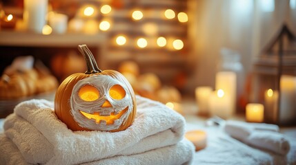 A pampered pumpkin with a face mask enjoys a relaxing spa treatment with beauty products.